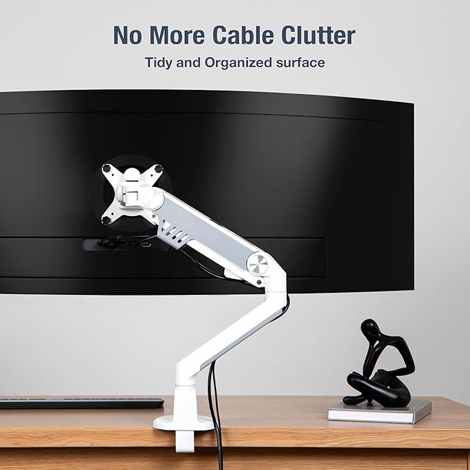 AVLT Single 13"-38" Monitor Arm Desk Mount fits One Flat/Curved/Ultrawide Screen Full Motion Height Swivel Tilt Rotation Adjustable Arm - VESA/C-Clamp/Cable Management - White
