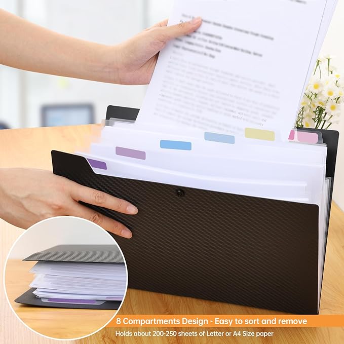 Expanding File Folder with 8 Pockets, Accordion File Organizer Folder with Labels, Portable Folders for Documents, School Office Supplies, Letter A4 Size, Black