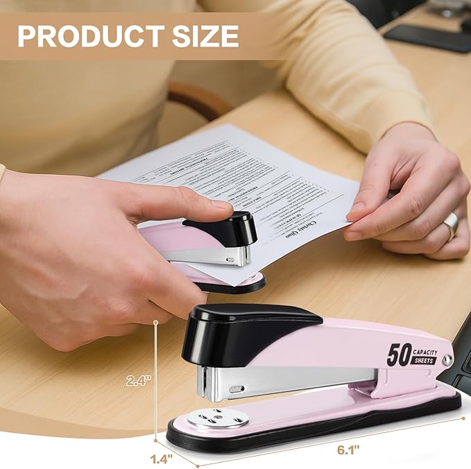 Deli Stapler Heavy Duty, Full Strip Staplers for Desk with 2000 Staples and Staple Remover, 50 Sheet Capacity, No Jam, Non-Slip Office Stapler with Staples for Office, Classroom, Pink