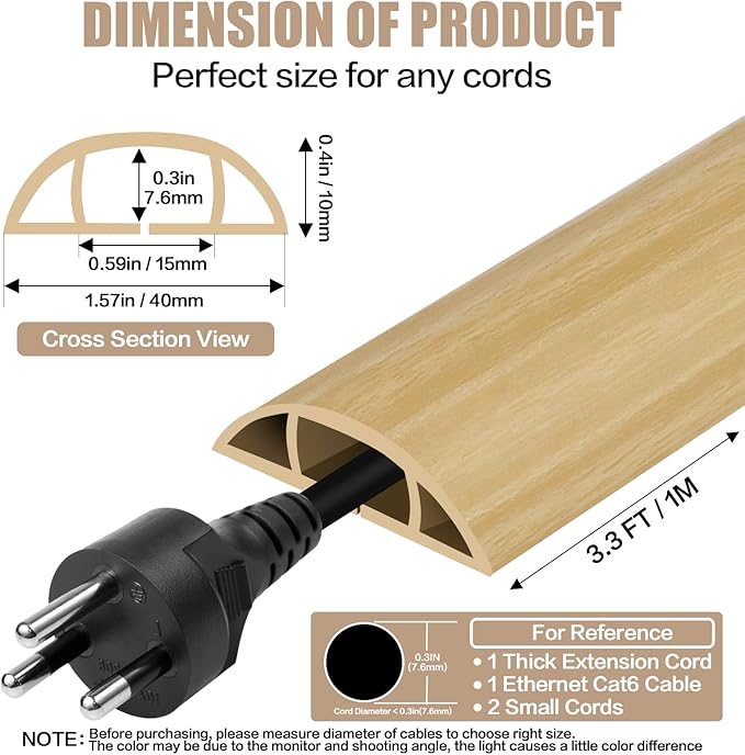 Floor Cord Cover Self Adhesive Cord Hider,3.3FT Cable Management, Extension Strip Protector for Wires, Prevent Cable Trips for Offices, Gyms, Exhibitions Cavity:0.51"(W) x0.3(H) WoodLightyellow