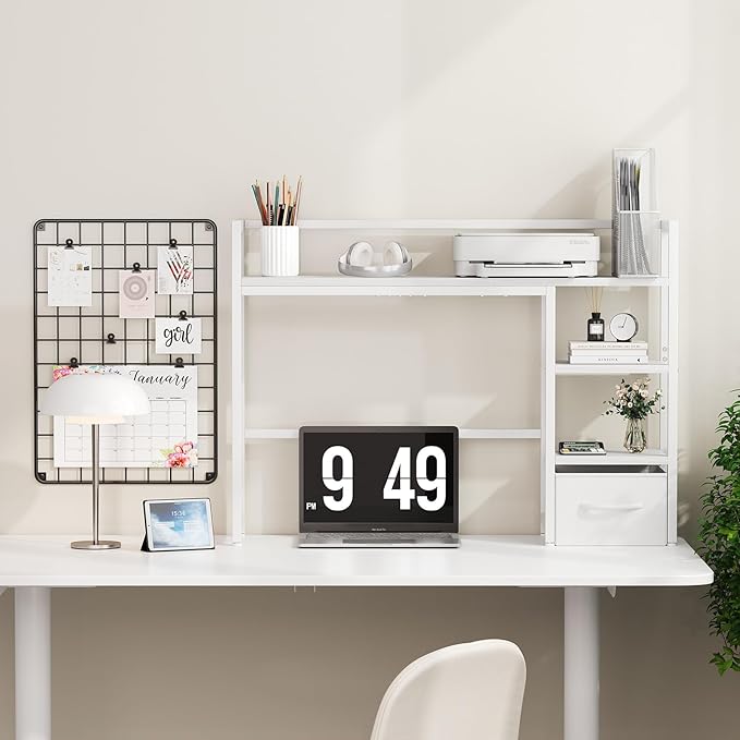 Marbrasse Desk Shelf with Drawer, 40" Desk Hutch for Computer Monitor, Desk Shelf for top of Desk, Wooden Desktop Bookshelf Storage Rack for Home Office Dorm - White