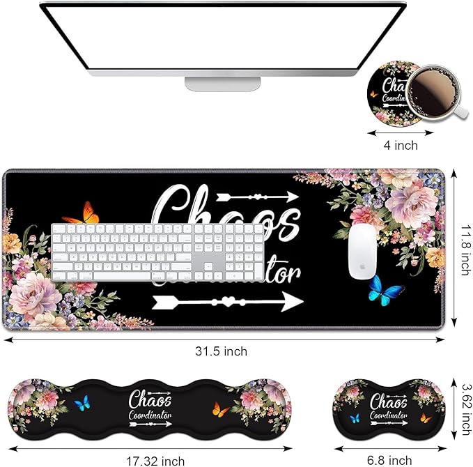 Ergonomic Keyboard Wrist Rest & Mouse Pad Wrist Rest Set, 31.5"x 11.8" Large XXL Gaming Desk Pad Memory Foam Non-Slip Desk Mat for Office & Home, Vintage Watercolor Floral Quote Chaos Coordinator