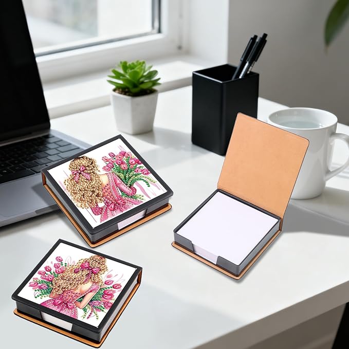 2 pcs Girl Diamond Painting Kit Note Box,Back View Memo Paper Storage Box Diamond Art,Sticky Note Holder Diamond Art,Diamond Painting Memo Pad For Office Desk. (Girl)