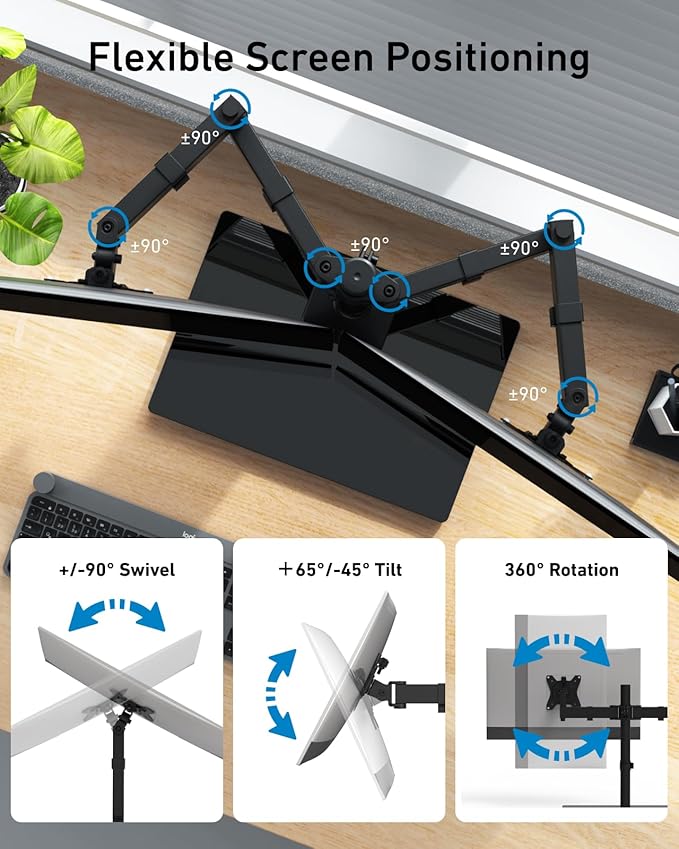 HUANUO Freestanding Dual Monitor Stand, 32 Inch Dual Monitor Mount for 2 Screens, Holds up to 19.8 lbs per Arm, Gaming Monitor Arm Riser with Tempered-Glass Base, Tilt, Swivel, Rotation, Black