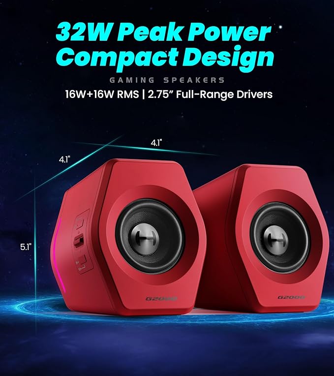 Edifier G2000 RGB Gaming Speakers, 32W Peak Power, Compact Design for PC/PS4/Desktop, Bluetooth 5.1, 3.5mm AUX, Game/Movie/Music Modes, 12 RGB Lighting Effects - Red