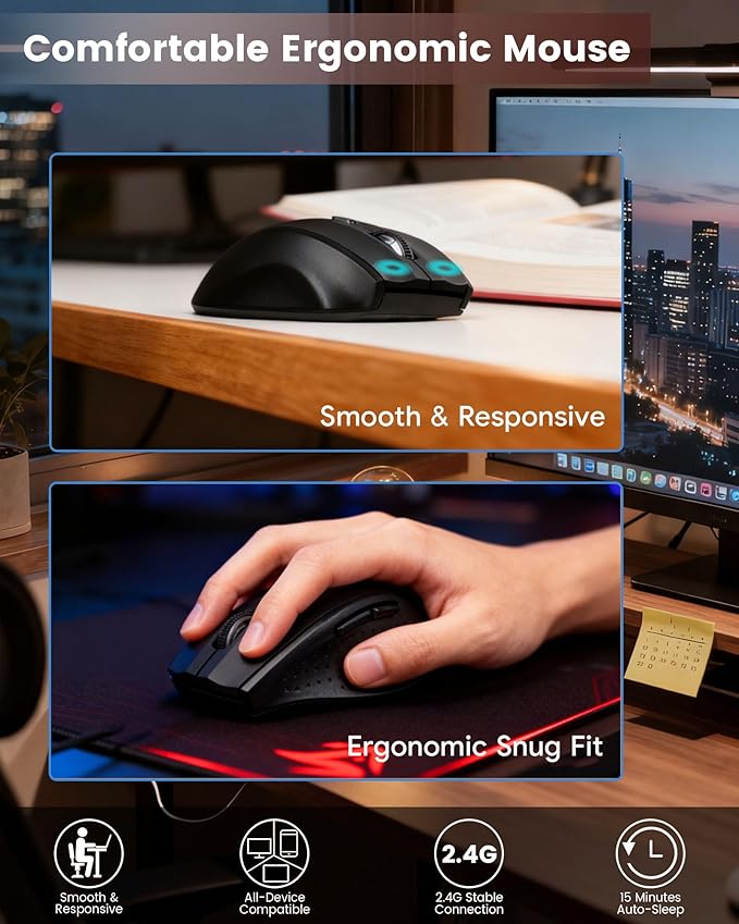 XUANGUI Silent Wireless Computer Keyboard and Mouse Combo with Magnetic Wrist Rest, Ergonomic Cordless Full Size Key Board and 4800 DPI Quiet Mice Set for PC Laptop Tablet, Office and Home Use