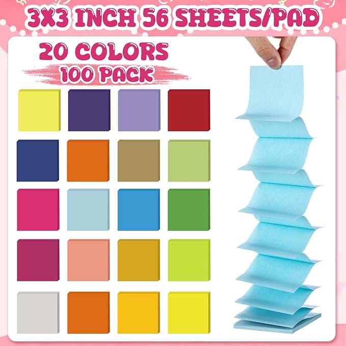 Sherr 100 Pcs Pop up Sticky Notes Bulk 3x3 Inch 56 Sheets/pad Refills Sticky Notes Bright Colors Self-Stick Note Pads Post Adhesive Memo for Students School Teacher Office Meeting, 20 Colors