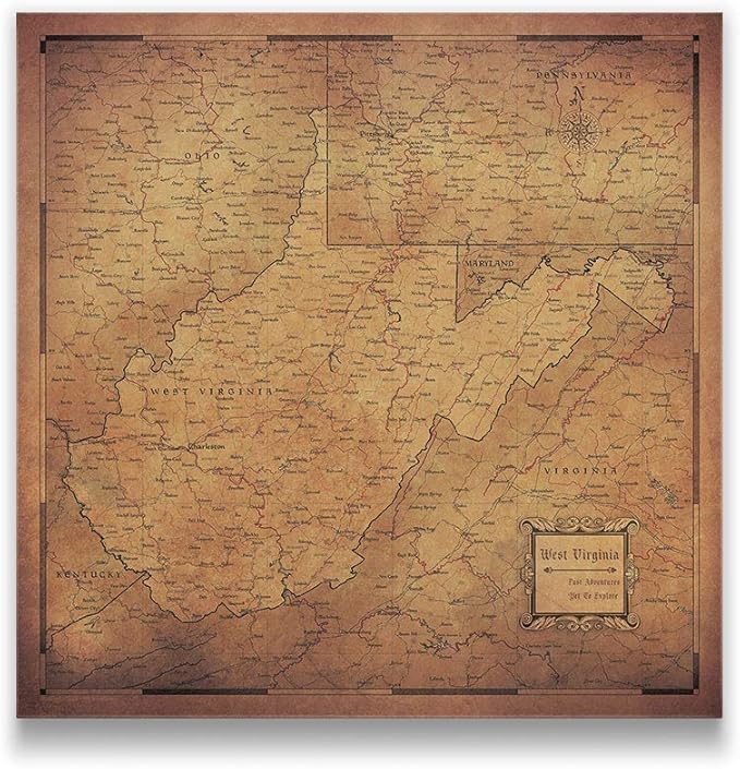Conquest Maps Push Pin West Virginia Map Board - With Push Pins to Mark West Virginia Travel - Handmade in Ohio, USA - Design: Golden Aged