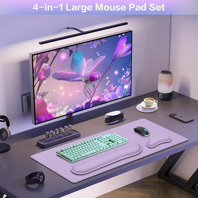 Desk Mat Purple, Large Gaming Mouse Pad with Wrist Rest, 4in1 XXL Mousepad+Keyboard Wrist Rest+Mouse Pad Wrist Support+Cup Coaster Set Ergonomic Computer Desk Arm Wrist for Decor Home Office Women