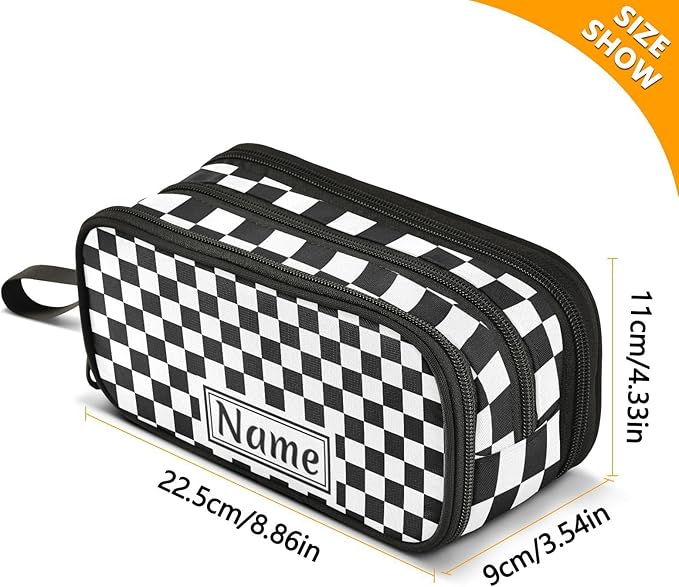 Custom Black White Checkered Pattern Pencil Case Box Boys Girls Personalized Name Large Pencil Pouch Stationery Pen Bag Organizer for Kids Adults School