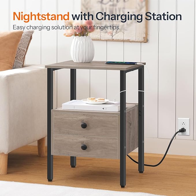 HOOBRO End Table with Charging Station, Bedside Table with 2 Drawer & USB Port & Type-C Port, Nightstand for Small Spaces, Stable and Sturdy, for Living Room, Greige and Black BG43UBZ01