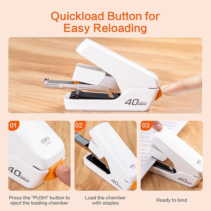 Deli Stapler, Effortless Staplers for Desk, 40 Sheet Capacity Heavy Duty, One Touch, No Effort, Easy to Load, with 2000 Staples & Staple Remover, Good for Office, Home Use, White