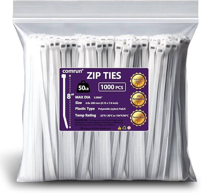 1000pcs 8Inch Nylon Zip Ties, 50 Pounds Tensile Strength, Industrial Grade, White Cable Tie Zip, UV Resistant,Heavy Duty,for Home,Garden Trellis,Office,Garage and Workshop