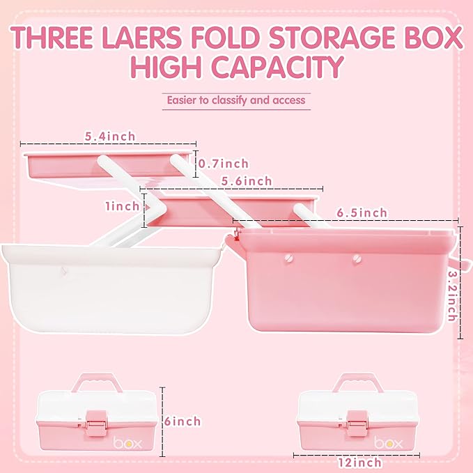 12in 3-Layer Plastic Craft Organizers and Storage, Portable Folding Tackle Box with Handle & Adjustable Dividers, Multipurpose Case for Sewing, Art Supplies, Medicine, Tools (White Pink)