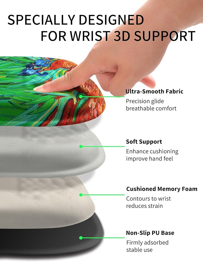 Hokafenle Ergonomic Wrist-Hugging Mouse Pad Wrist Support, U-Shaped Holding Wrist Rest Mousepad for Carpal Tunnel Pain Relief with Cushioned Memory Foam Slope Massage Bulge (10.2x8.3 in,Iris Flower)