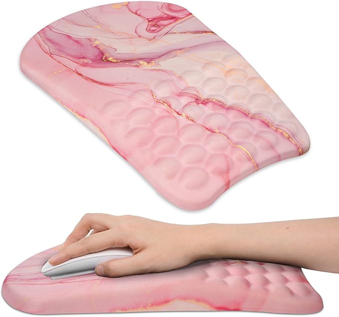 Ergonomic Wrist Mouse Pad with Massage Design, Wrist Rest Pain Relief Mousepad with Memory Foam Non-Slip PU Base, Mouse Pad with Wrist Support for Wireless Mouse & Desk, Y Art Pink Marble