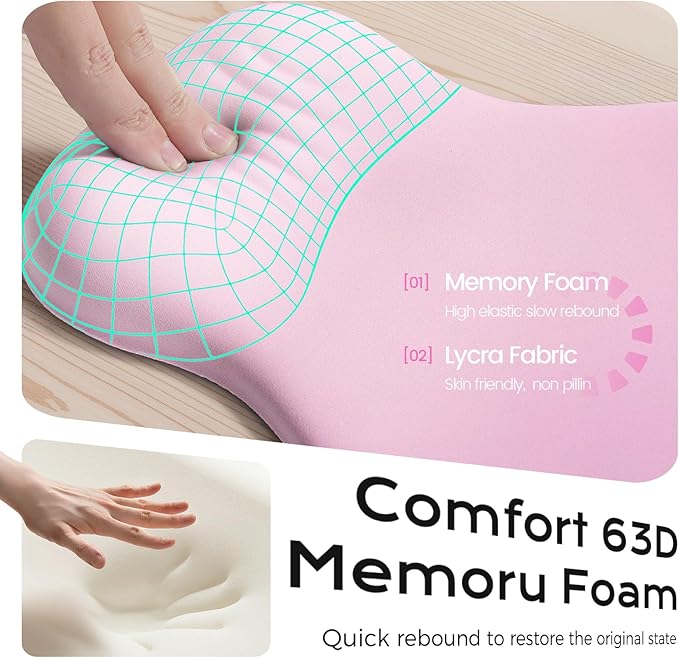 Ergonomic Mousepad with Wrist Rest Pink, Wrist Rest for Mouse Pad, Memory Foam with Massage Design, Non-Slip PU Base for Office and Home