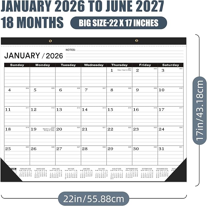 Desk Calendar 2026(January 2026 - June 2027)，2026 Desk Calendar Large 22 x17，2026 Calendar,Classic Black,Large Calendar 2026-2027 with Plastic Cover