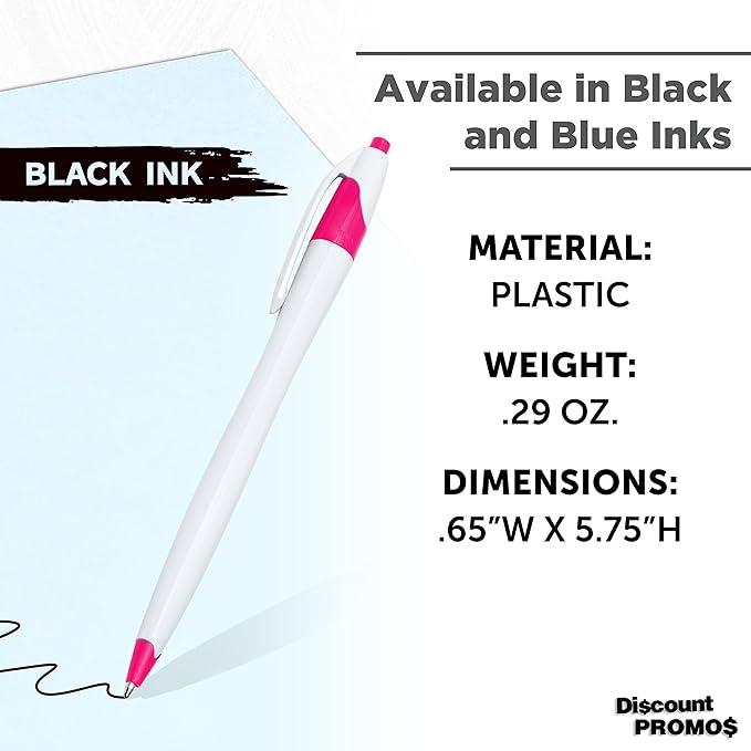 DISCOUNT PROMOS Slim Curvy Ballpoint Pens Set of 10, Bulk Pack - Black Ink, Retractable, Great for Office, School, Tradeshows - Pink