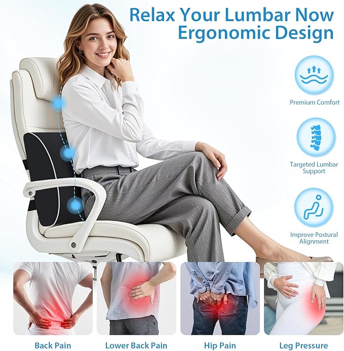Large Lumbar Support Pillow for Office Chair, Car Seats and Home Desks, Ergonomic Back Support with Double Adjustable Straps, Machine Washable Cover, Black