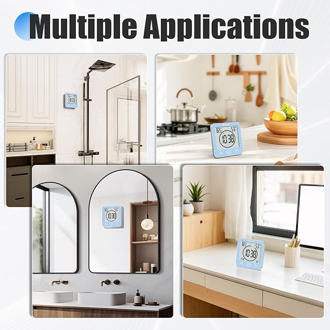 Baldr Shower Clock Waterproof Bathroom Clock with Timer/Temperature/Humidity, Digital Timers for Kids and Adults, Bath Kitchen Study, Blue