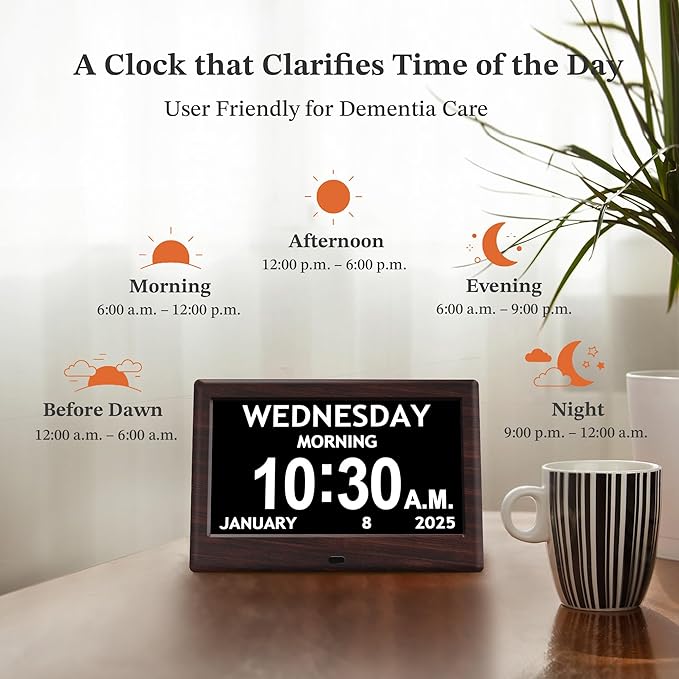 7'' Digital Clocks, 12 Reminders & 6 Alarms, Dementia Clock with Date and Time for Elderly, Auto-Dimming, Button & Remote Control, Auto DST, Digital Calendar for Seniors Large Display, Brown Woodgrain