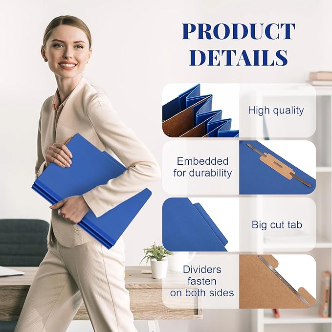 Skyygemm 60 Pcs Classification Folders Letter Size, 3 Divider Pressboard File Folder with Fasteners, Expanding File Organizer Bulk for Teachers, Clergy, Office, Church, Christmas Donations (Dark Blue)
