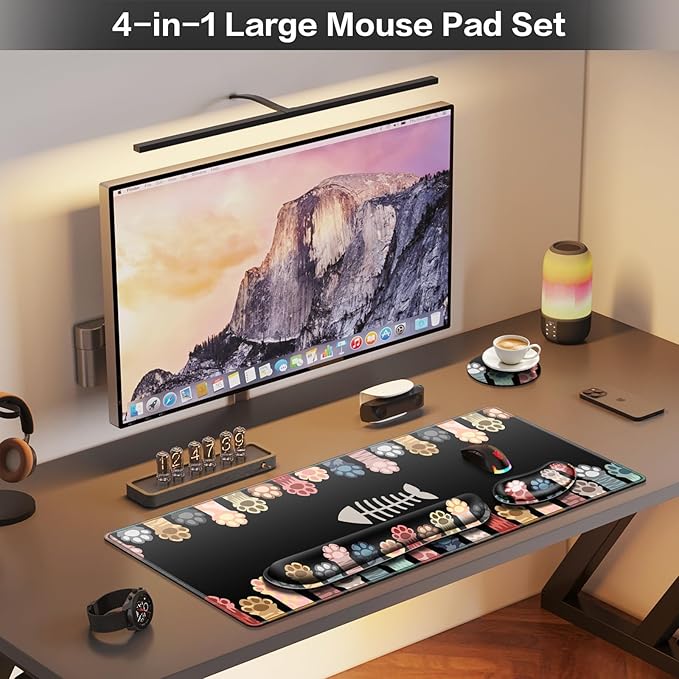 Desk Mat, Large Gaming Mouse Pad with Wrist Rest, 4in1 XXL Mousepad+Keyboard Wrist Rest+Mouse Pad Wrist Support+Cup Coaster Set Ergonomic Computer Desk Arm Wrist for Decor Home Office Table Women