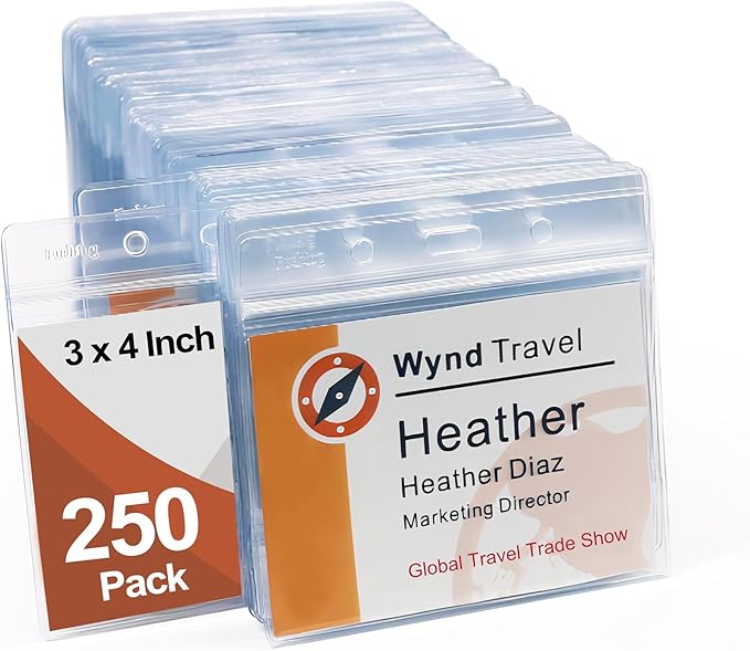 3x4 Inch Name Badge Holders - Fushing Clear Plastic Horizontal Name Tag Badge ID Card Holders for 3 x 4 Inch Name Badge Inserts or Name Tag Inserts (250)