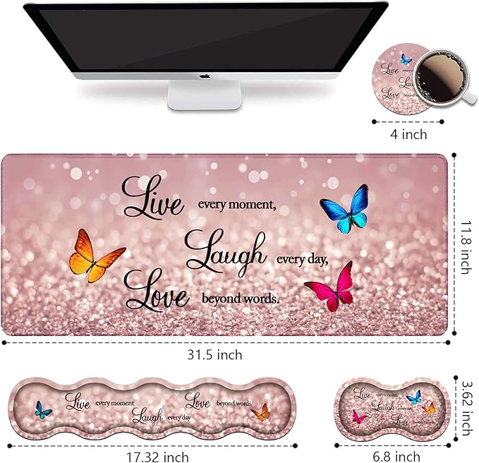 Ergonomic Keyboard Wrist Rest & Mouse Pad Wrist Rest Set, Large XXL Gaming Desk Mat 31.5"x 11.8", Non-Slip Base, Memory Foam, Easy Typing Pain Relief for Office & Home, Glitter Quote Live Laugh Love