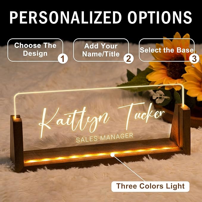 Desk Name Plate Personalized, Custom Office Light Up Name Plate for Desks, Desk Decorations for Women Men Office, Employee Appreciation Gifts for Coworkers (A-Text Only)