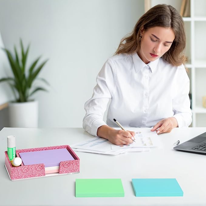 Sticky Note Holder with Pen Slot, Glitter Pink Acrylic Notepad Holder 4x6 in Self-Stick Note Dispenser Office Desk Accessories, Memo Pad Holder Organizer for Classroom School Supplies