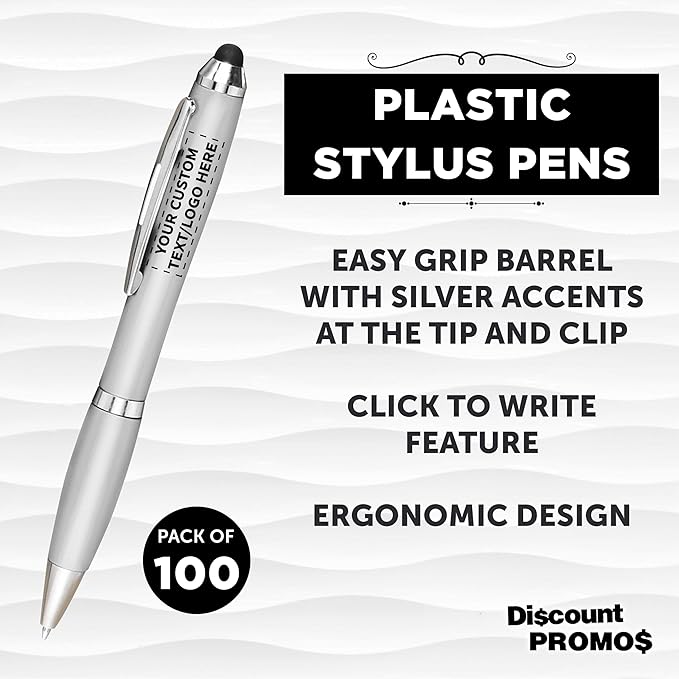 DISCOUNT PROMOS Custom Plastic Stylus Pens Set of 100, Personalized Bulk Pack - Black Ink, Great for Office, School, Business, Tradeshows, Events - Silver