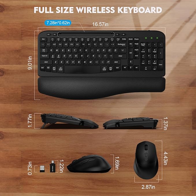 Wireless Keyboard and Mouse Combo, Wave Keys Full-Sized Ergonomic Keyboard with Cushioned Plam Rest, Phone Holder, Comfortable Natural Typing, 2.4G Cordless Set for Computer, Laptop, PC, Mac, Windows