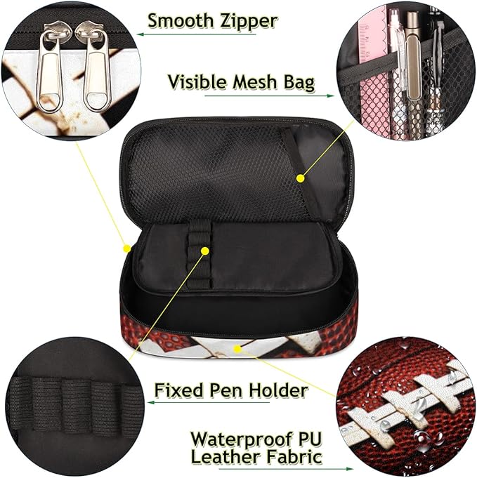 Pardick American Football Big Capacity Pencil Pen Case Football Large Pencil Pouch with Zipper Compartments Pencil Bag for Boys Girls Adults Student Office School Supplies