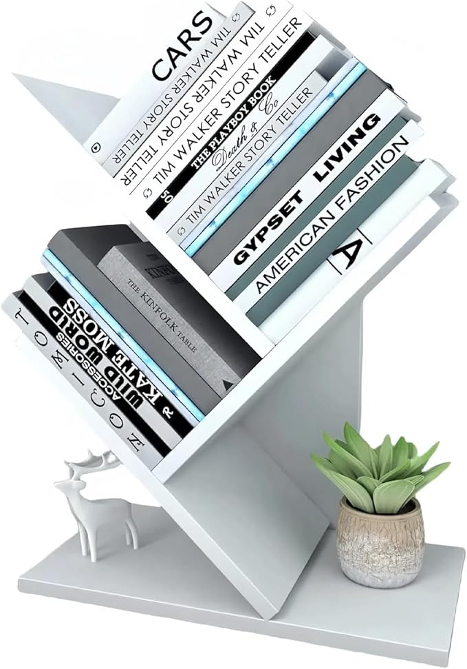 Godferyxin Tree Bookshelf, 3-Tier Wood Small Bookshelf and Mini Book Shelf for Office, Home or School Desk Book Shelf for for Displaying Books, CDs, Magazines Wood Storage Rack-Whit