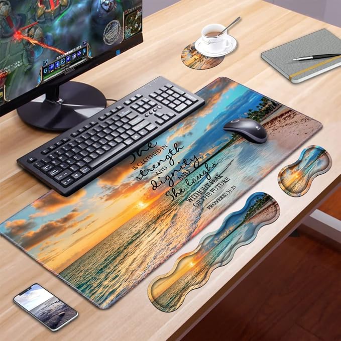 Ergonomic Keyboard Wrist Rest & Mouse Pad Wrist Rest Set, Large XXL Gaming Desk Mat 31.5"x 11.8", Non-Slip Base, Memory Foam, Easy Typing Pain Relief for Office & Home, Bible Verses Proverbs 31:25