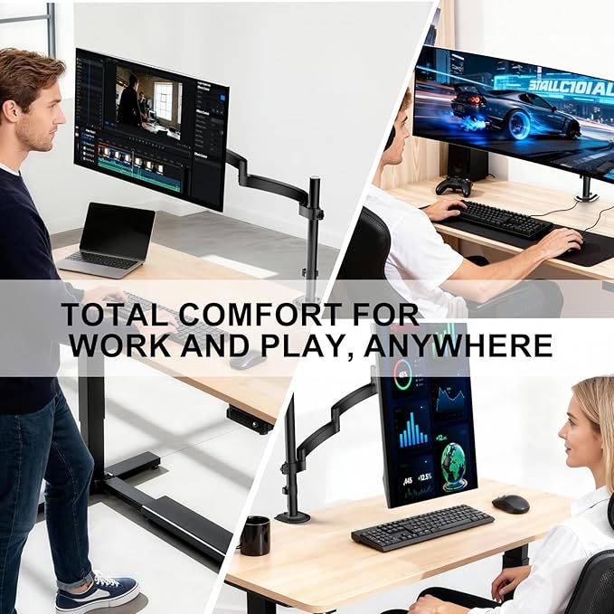 WALI Single Long Monitor Arm - 13 to 32 inch Computer Monitor Arm Desk Mount, Hold up to 19.8lbs, Extra Long Adjustable Stand, Full Motion Tall Arm, VESA 75/100mm, (GSDM001L)