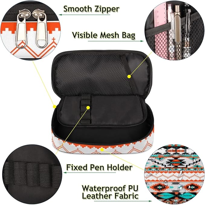 Pardick Aztec Big Capacity Pencil Pen Case Aztec Print Large Pencil Pouch with Zipper Compartments Pencil Bag for Boys Girls Adults Student Office School Supplies