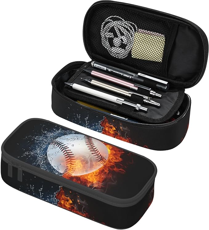 Sports-Themed Baseball Pencil Case for Kids Boys Girls, Big Capacity Black Pencil Pouch, Portable Pencil Box Stationery Storage Desk Pen Bag for School Office