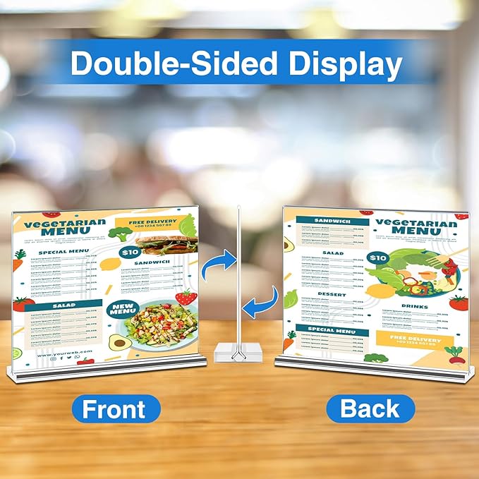 10 Pack Acrylic Sign Holder 8.5 x 11 Horizontal, Double-Sided Stand up Table Top Sign Holders, Clear Acrylic Picture Frame Menu Flyer Paper Holder Display Stand for Office Business Store Wedding Party