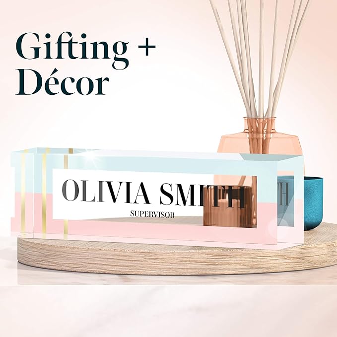 Desk Name Plate Personalized, Custom Name Plates 2½/x8 Inches, Thick Crystal-Clear Acrylic, Gift Box, Office Desk Decor. USA Made by ACRYLUXE (Soft)