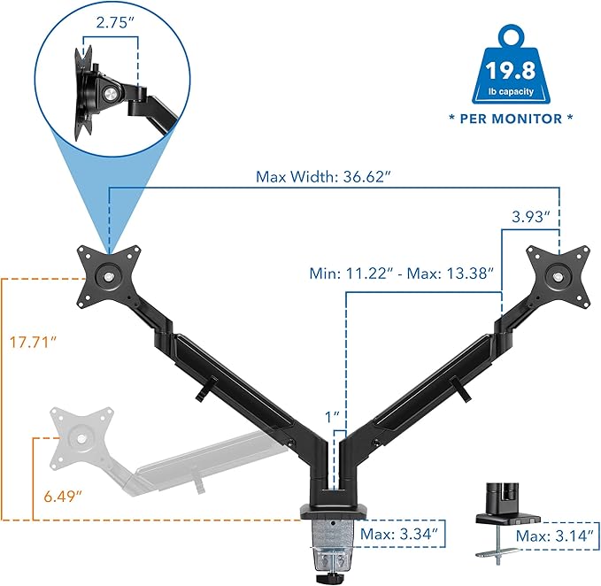 Mount-It! Dual Monitor Arm for 2 Monitors 17" to 32" Screens, Holds 19.8lbs per Arm, Height Adjustable, Tilt/Swivel/Rotate, Gas Spring System, Max VESA 100x100, C-Clamp & Grommet Base