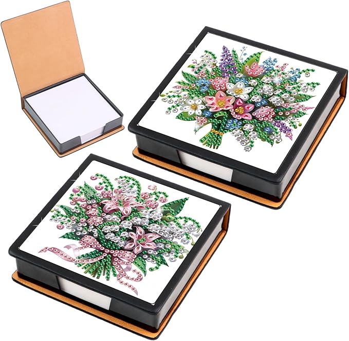 2 pcs Flower Diamond Painting Kit Note Box,Memo Paper Storage Box Diamond Art,Sticky Note Holder Diamond Art,Diamond Painting Memo Pad For Office Desk. (Flower)