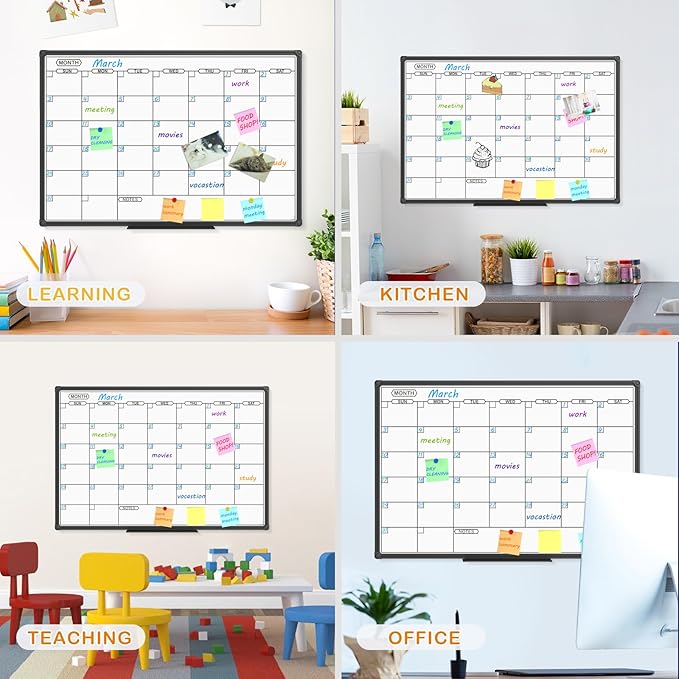 JILoffice Dry Erase Calendar Whiteboard - Magnetic White Board Calendar Monthly 36 X 24 Inch, Black Aluminum Frame Wall Mounted Board for Office Home and School