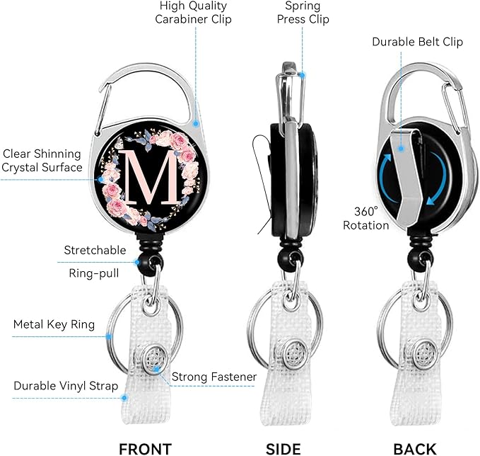 2 Pack A-Z Letter ID Badge Holder with Clip Badge Reels Retractable Heavy Duty,Keychain，ID Holder for School Nurse Office M