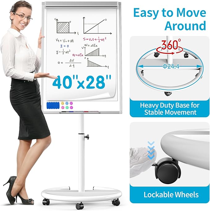 Mobile Dry Erase Board on Wheels 40 x 28 Inch-Magnetic Whiteboard Easel with Height Adjustable Stand - Rolling Presentation Board with Flipchart Paper Pad for Homeschool Teaching, Office, Workshops