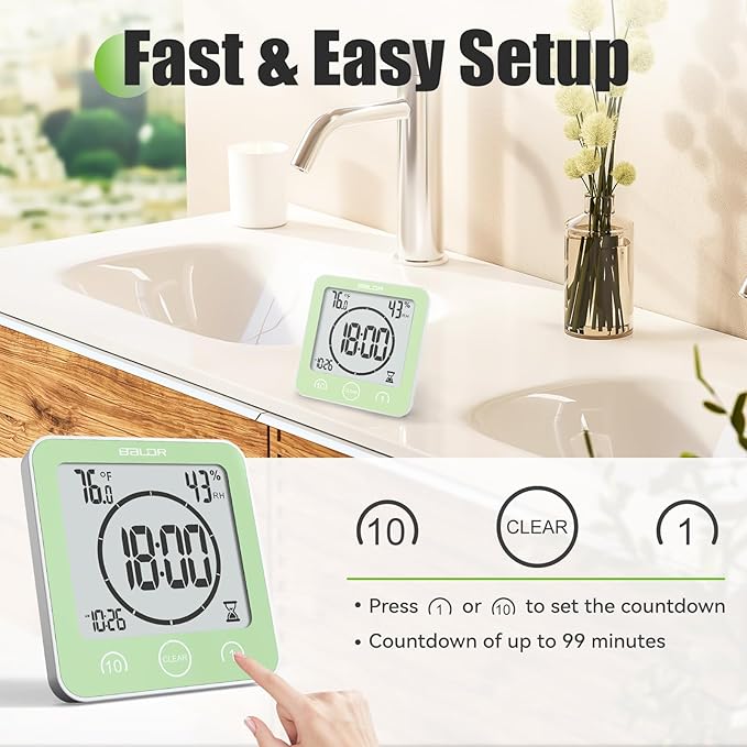 Baldr Shower Clock Waterproof Bathroom Clock with Timer/Temperature/Humidity, Digital Timers for Kids and Adults, Bath Kitchen Study, Green