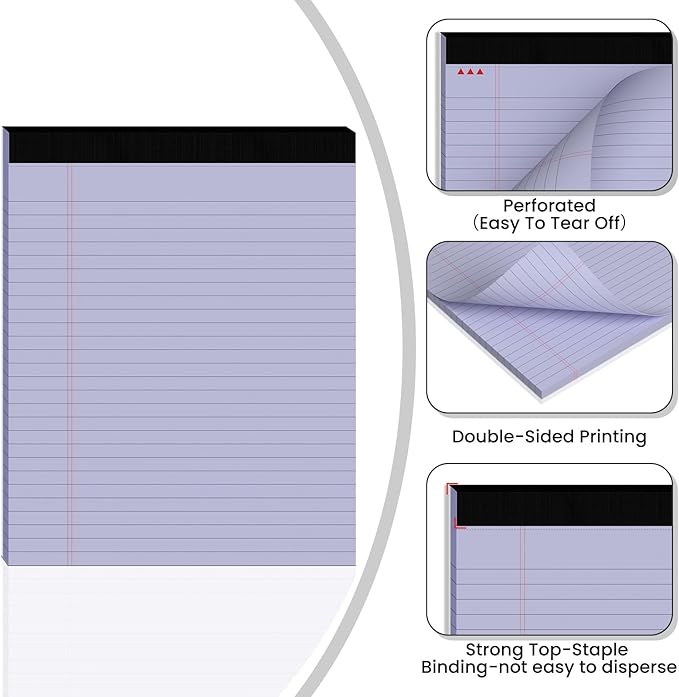 2pcs Legal Pads 8.5 x 11,Notepads 8.5 x 11 Inch, 30 Sheets/Pack, Purple Note Pads Clear Print Writing Pads of Paper, Perforate Wide Ruled Lined with Sturdy Back for Office, Business & School Supplies