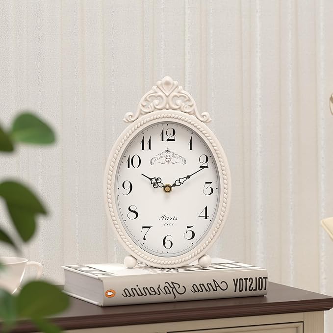 Abdurey Vintage Table Clock on Stand, Desk and Shelf Decorative Clock, French Rustic Style Antique White Mantel Clocks for Living Room,Farmhouse,Bedroom,Bedside,Gift Clocks